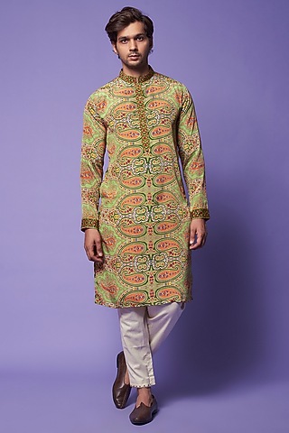 Multi-Colored Viscose Silk Paisley Printed Kurta Set For Boys by AASTHASHAH - KIDS