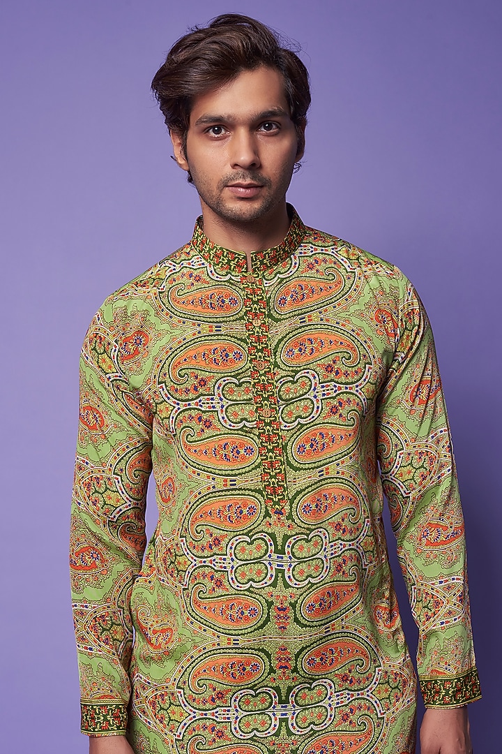 Multi-Colored Viscose Silk Paisley Printed Kurta Set For Boys by AASTHASHAH - KIDS at Pernia's Pop Up Shop