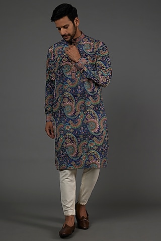 Cobalt Blue Digital Printed Kurta Set For Boys by AASTHASHAH - KIDS