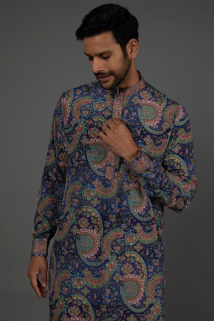 Cobalt Blue Digital Printed Kurta Set For Boys by AASTHASHAH - KIDS at Pernia's Pop Up Shop