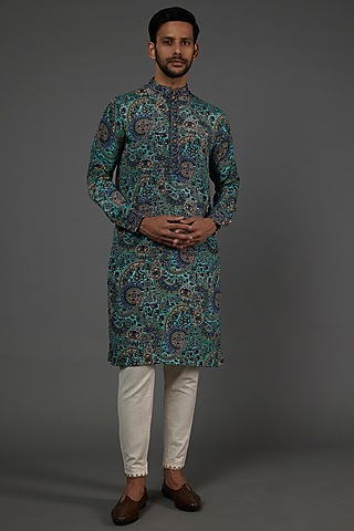 Turquoise Digital Printed Kurta Set For Boys by AASTHASHAH - KIDS