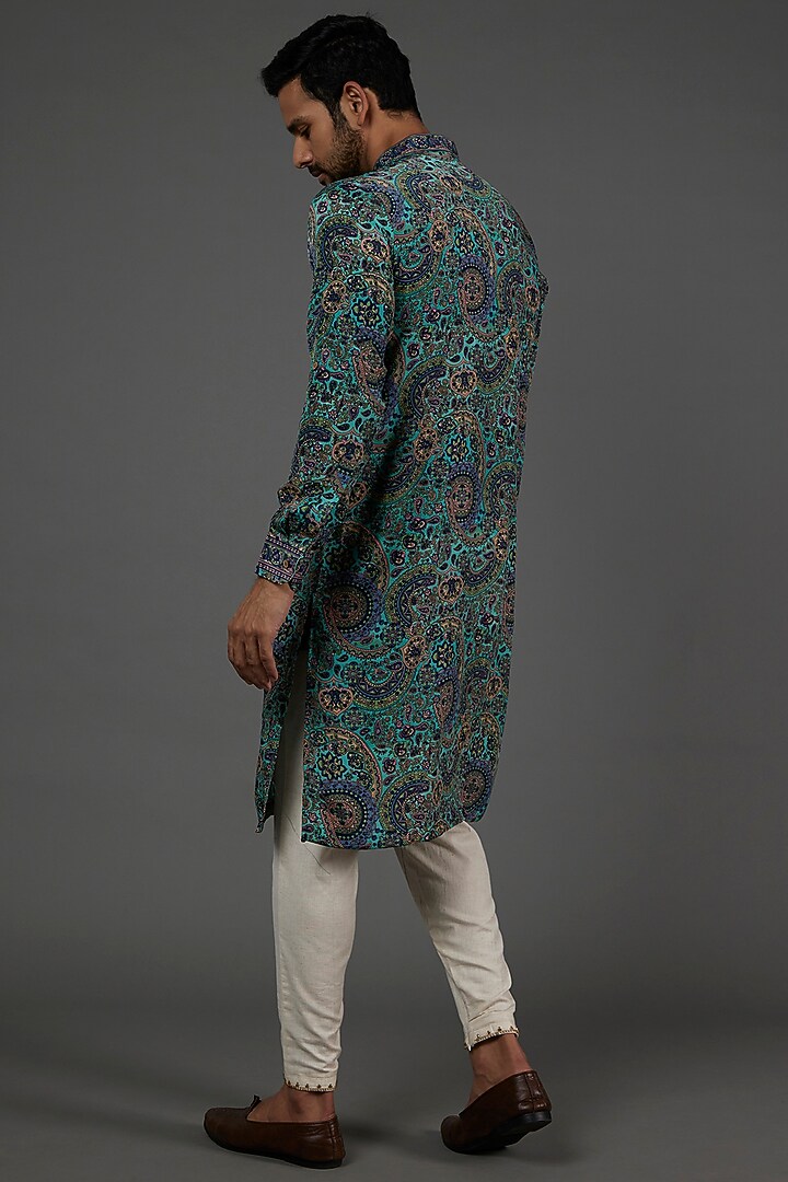 Turquoise Digital Printed Kurta Set For Boys by AASTHASHAH - KIDS at Pernia's Pop Up Shop