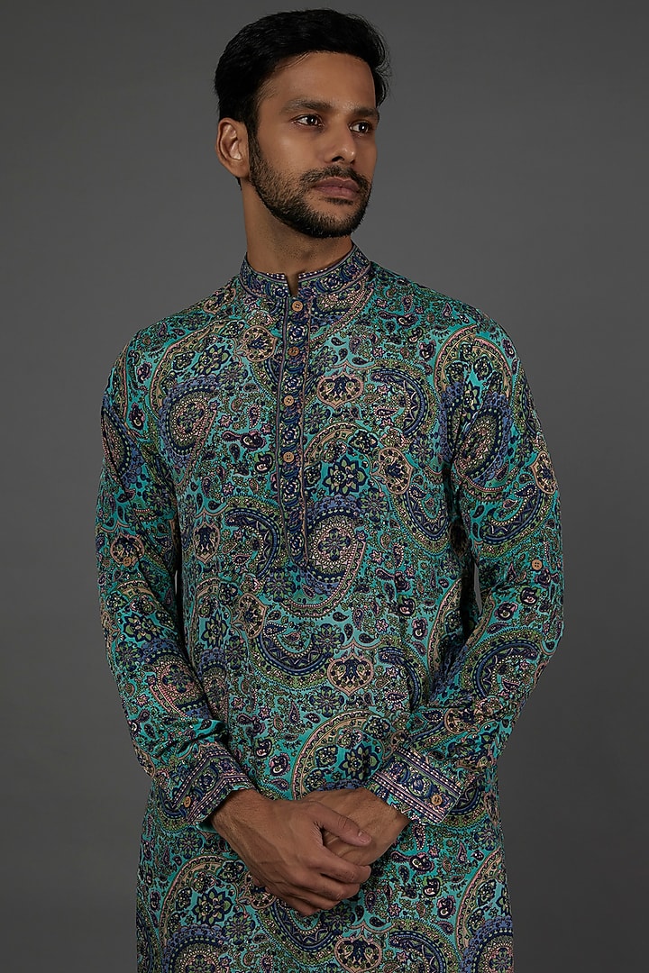 Turquoise Digital Printed Kurta Set For Boys by AASTHASHAH - KIDS at Pernia's Pop Up Shop