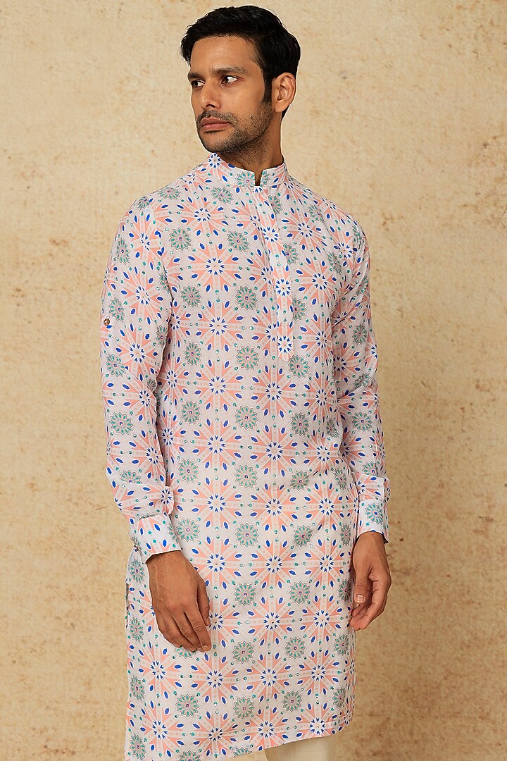 White Rayon Blend Digital Printed Kurta Set For Boys by AASTHASHAH - KIDS at Pernia's Pop Up Shop