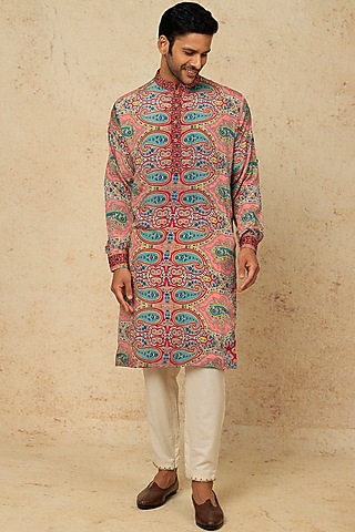 Multi-Colored Viscose Silk Paisley Digital Printed Kurta Set For Boys by AASTHASHAH - KIDS