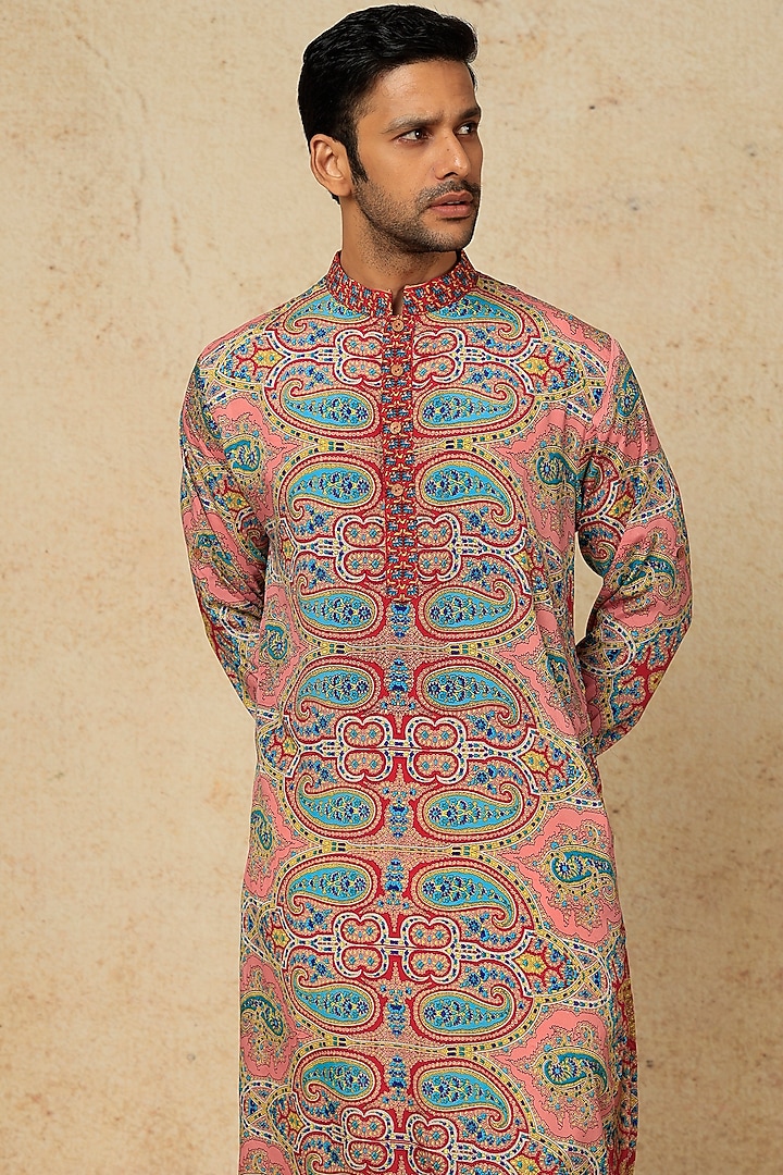 Multi-Colored Viscose Silk Paisley Digital Printed Kurta Set For Boys by AASTHASHAH - KIDS at Pernia's Pop Up Shop