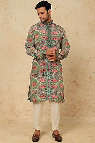 Multi-Colored Viscose Silk Paisley Printed Kurta Set For Boys by AASTHASHAH - KIDS