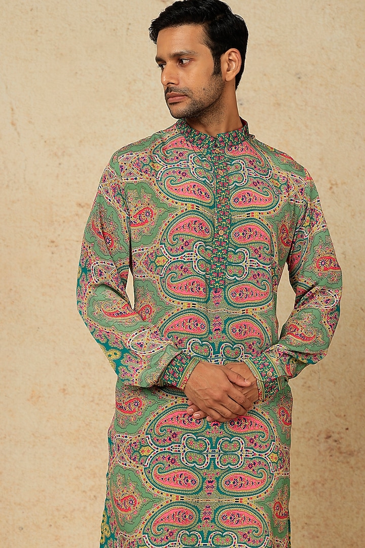 Multi-Colored Viscose Silk Paisley Printed Kurta Set For Boys by AASTHASHAH - KIDS at Pernia's Pop Up Shop