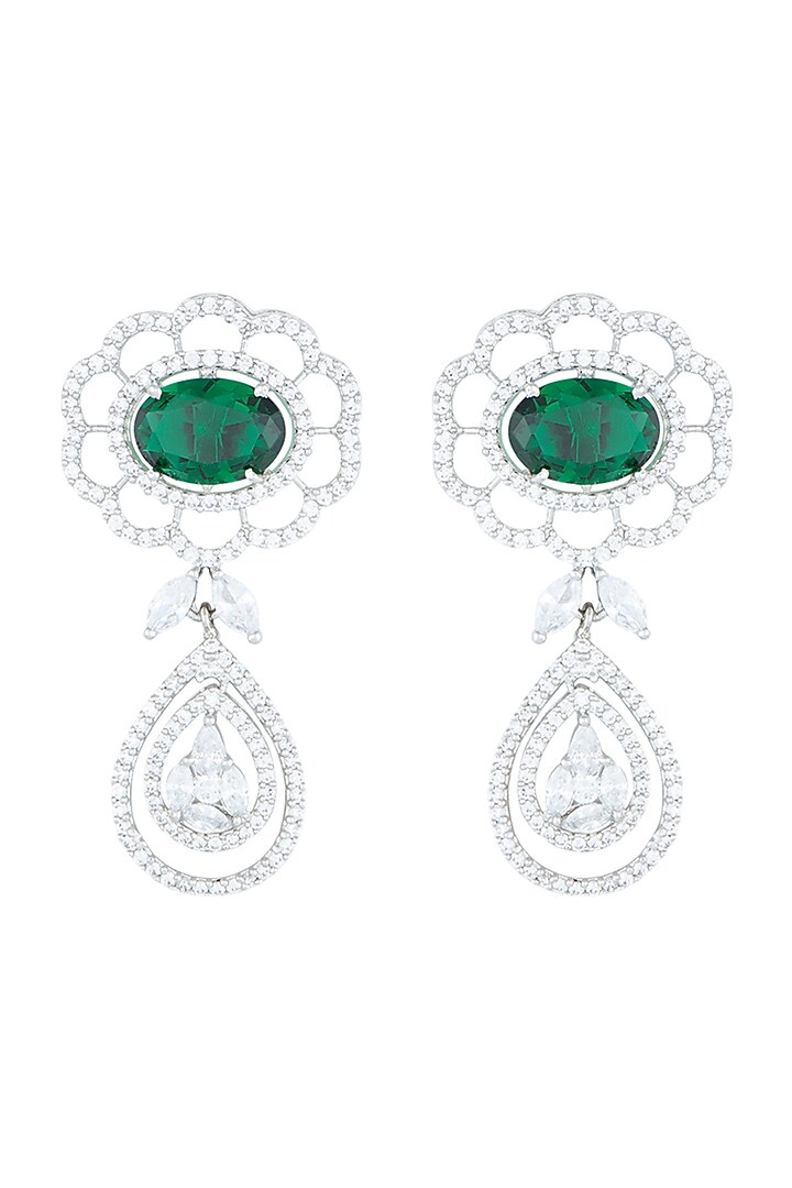 White Rhodium Plated Faux Emerald & Diamond Earrings by Aster at Pernia's Pop Up Shop