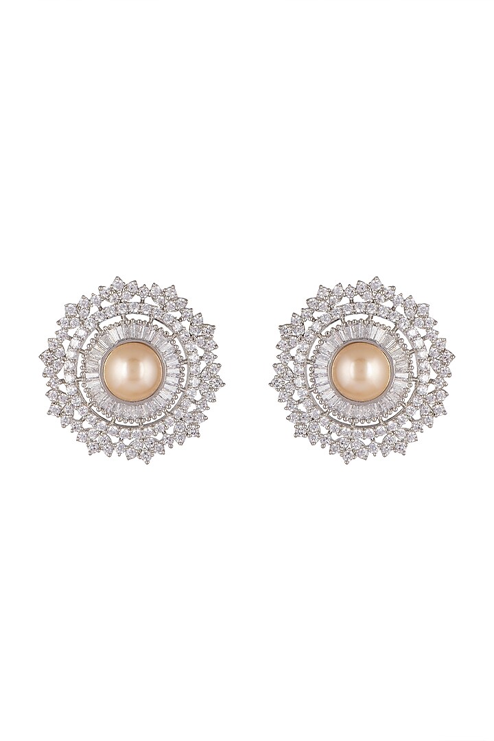 White Finish Diamond & Pearl Stud Earrings by Aster at Pernia's Pop Up Shop