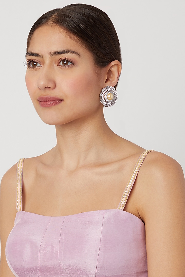 White Finish Diamond & Pearl Stud Earrings by Aster at Pernia's Pop Up Shop