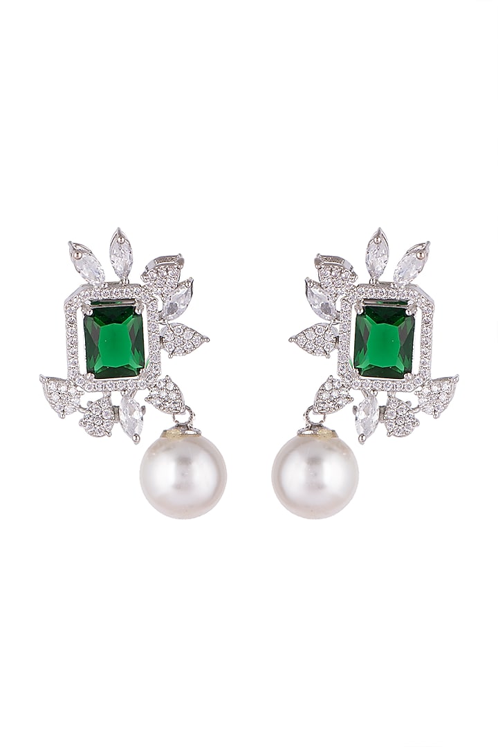 White Finish Green Stone Earrings by Aster at Pernia's Pop Up Shop
