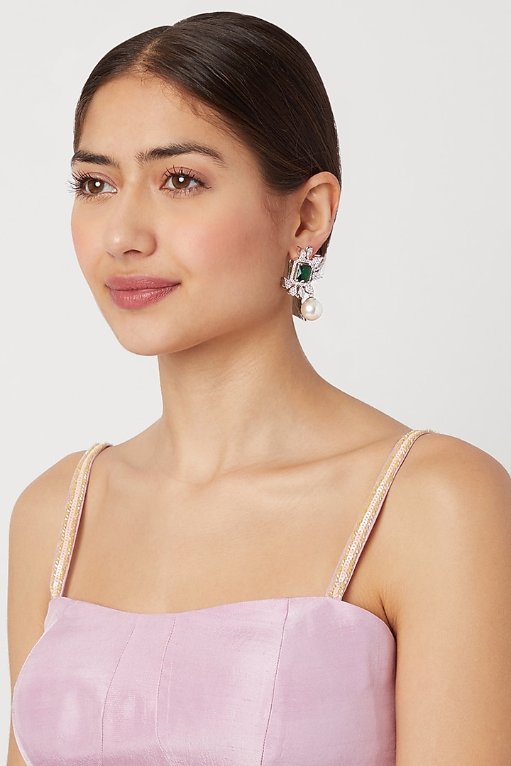 White Finish Green Stone Earrings by Aster at Pernia's Pop Up Shop