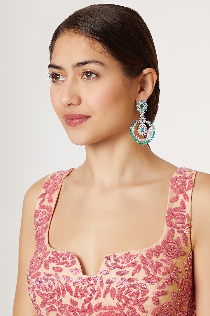 White Finish Green Stone Earrings by Aster at Pernia's Pop Up Shop