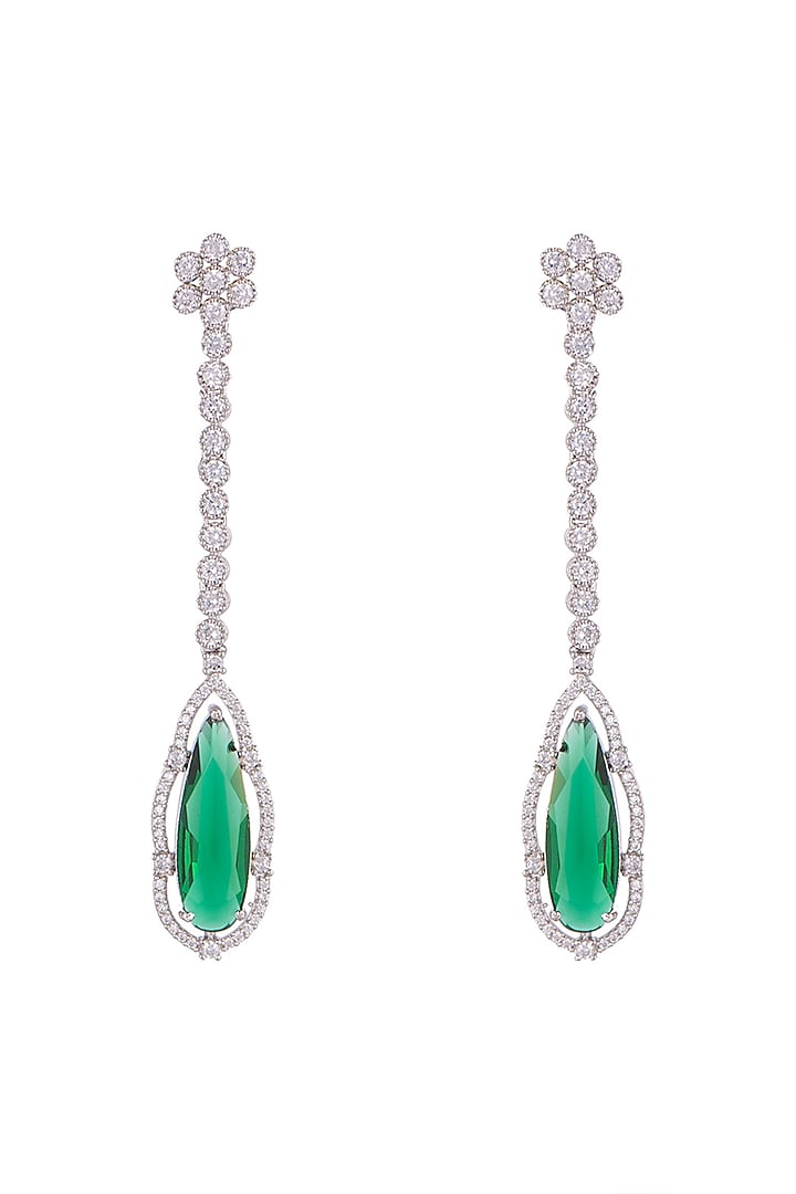 White Finish Green Stone Long Earrings by Aster at Pernia's Pop Up Shop