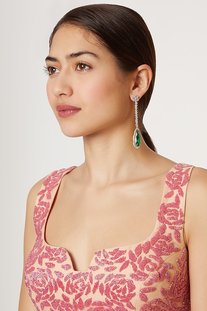 White Finish Green Stone Long Earrings by Aster at Pernia's Pop Up Shop