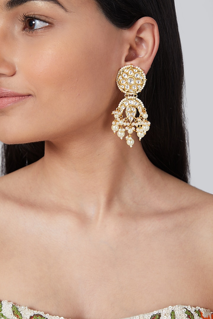 Gold Finish Kundan Jhumka Earrings by Aster