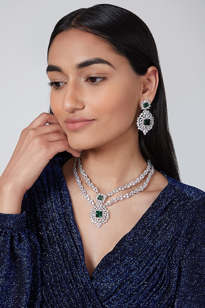 Silver Finish Green Zircon Necklace Set by Aster