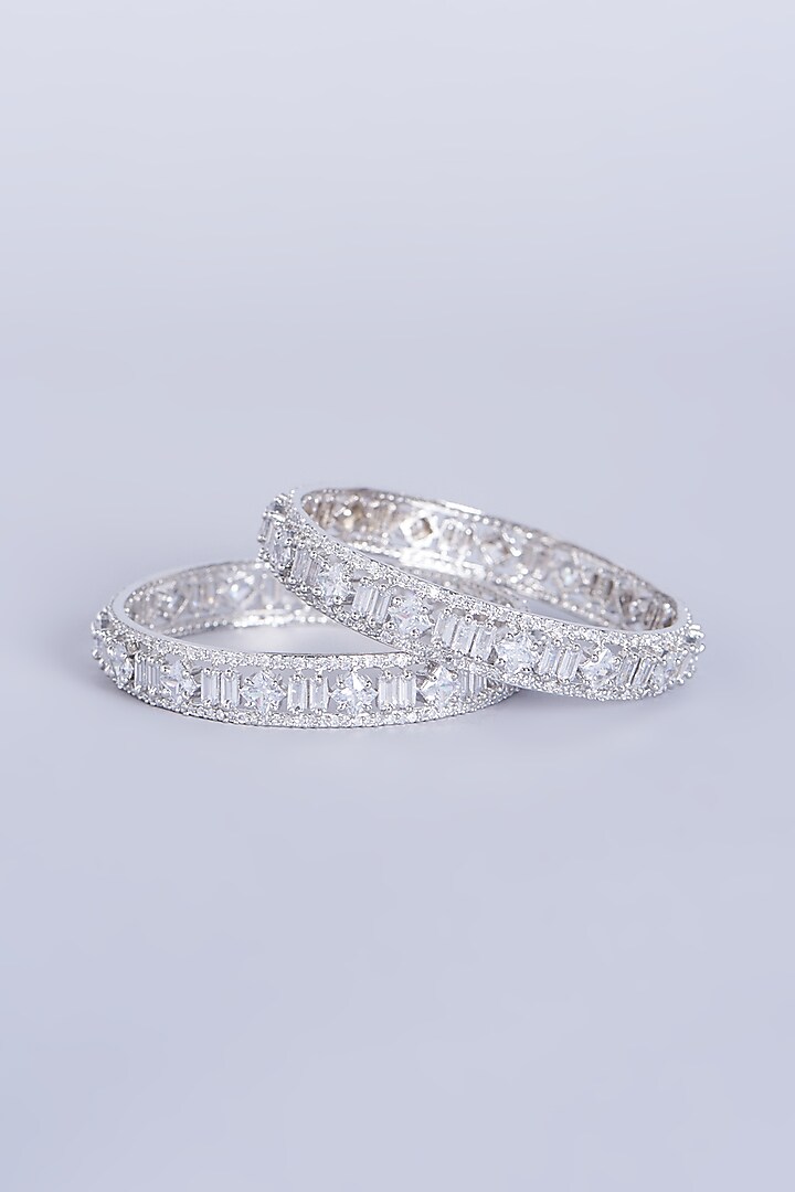 White Finish Zircons & Faux Diamonds Bangles (Set of 2) by Aster at Pernia's Pop Up Shop