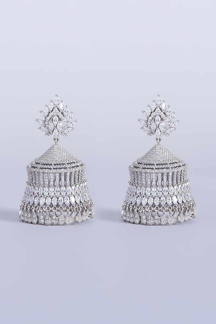 White Finish Faux Diamonds Jhumka Earrings by Aster at Pernia's Pop Up Shop