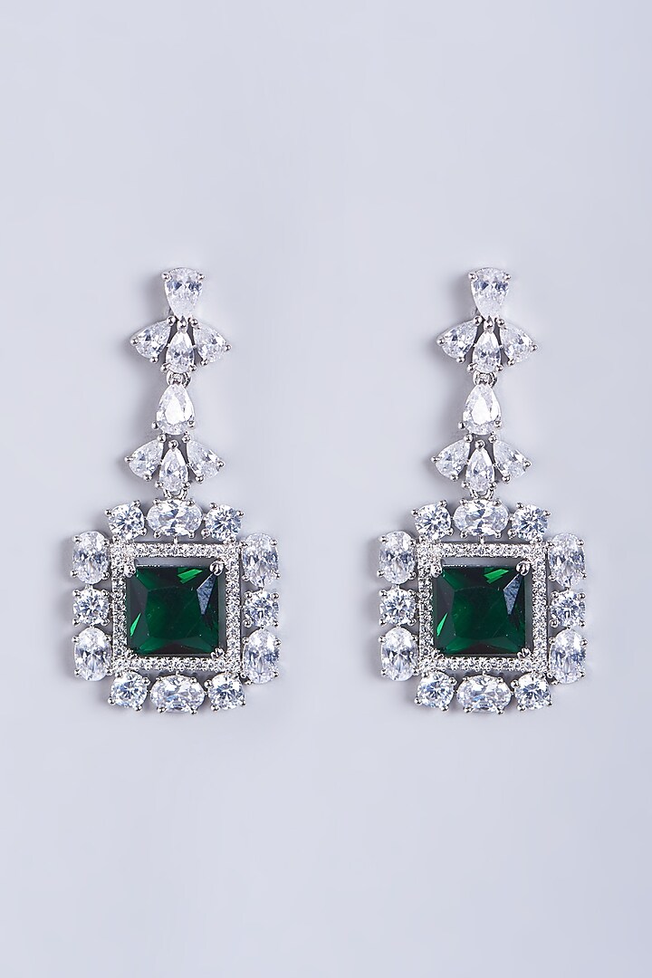White Finish Faux Diamonds & Green Stone Earrings by Aster at Pernia's Pop Up Shop