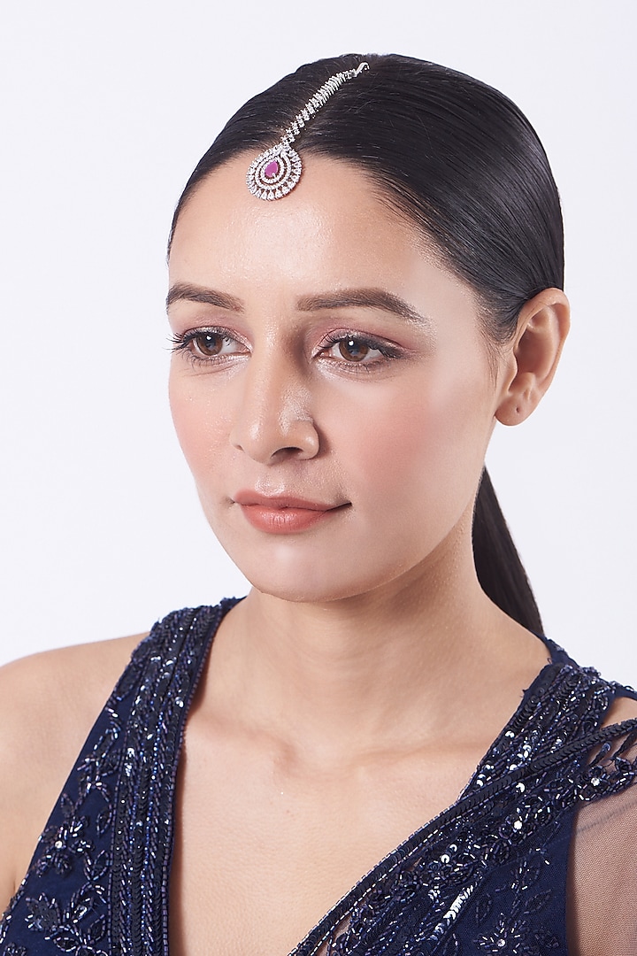 White Finish Faux Diamonds Maang Tikka by Aster at Pernia's Pop Up Shop