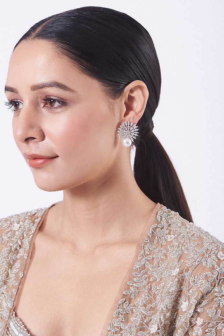 White Finish Pearl Stud Earrings by Aster at Pernia's Pop Up Shop