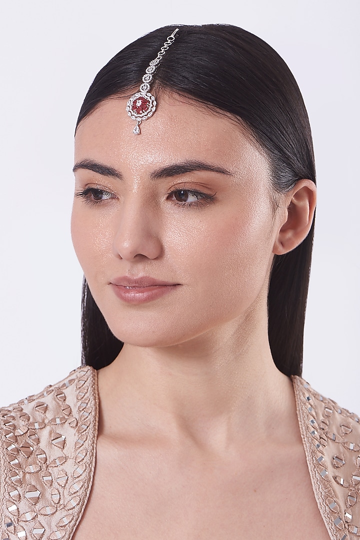 White Finish Mixed Metal Faux Diamonds MaangTikka by Aster at Pernia's Pop Up Shop