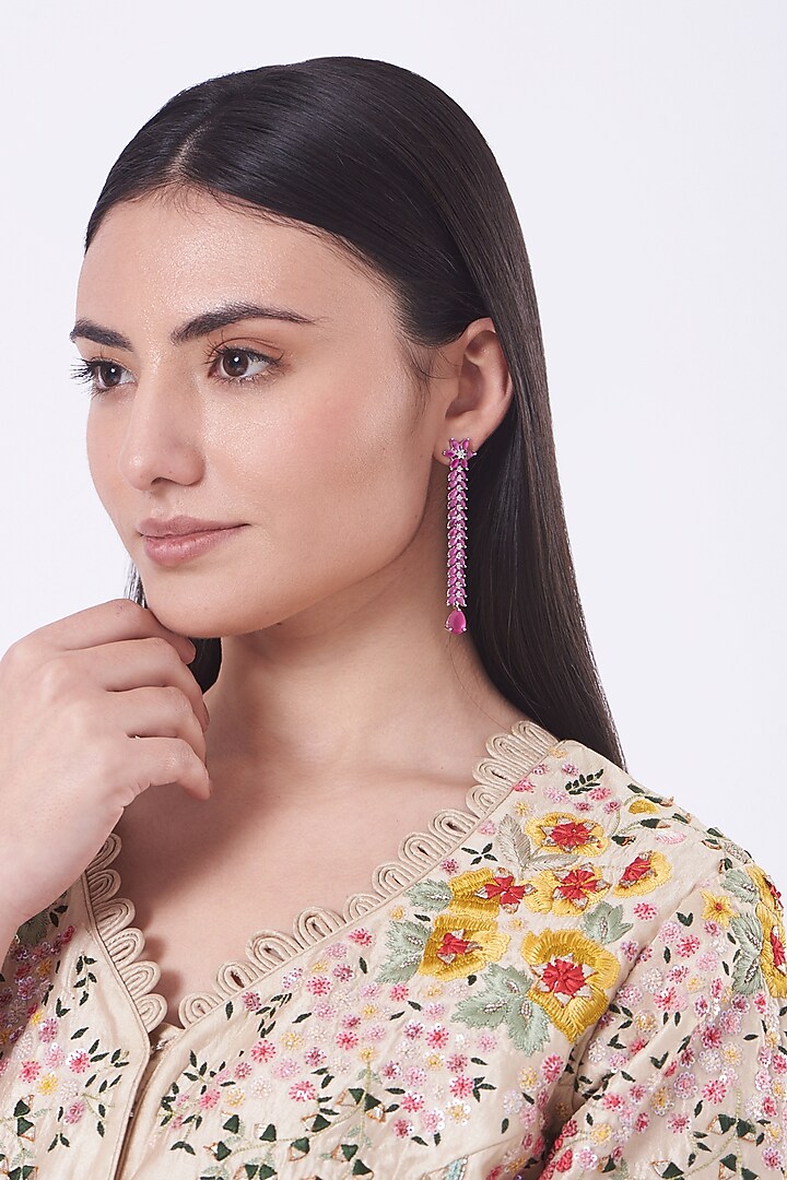 White Finish Red Faux Diamonds Dangler Earrings by Aster at Pernia's Pop Up Shop