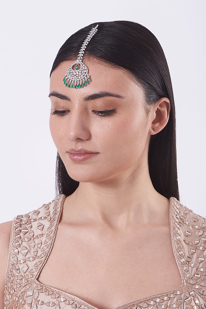 White Finish Faux Diamonds Maang Tikka by Aster at Pernia's Pop Up Shop