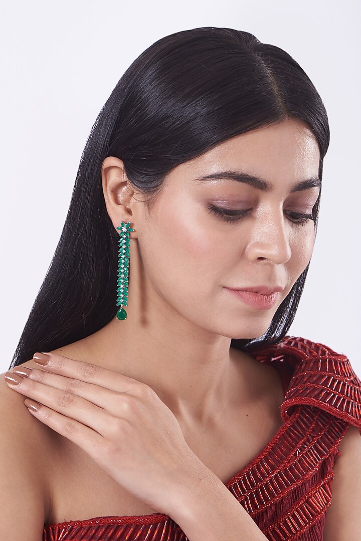 White Finish Green Faux Diamonds Dangler Earrings by Aster at Pernia's Pop Up Shop