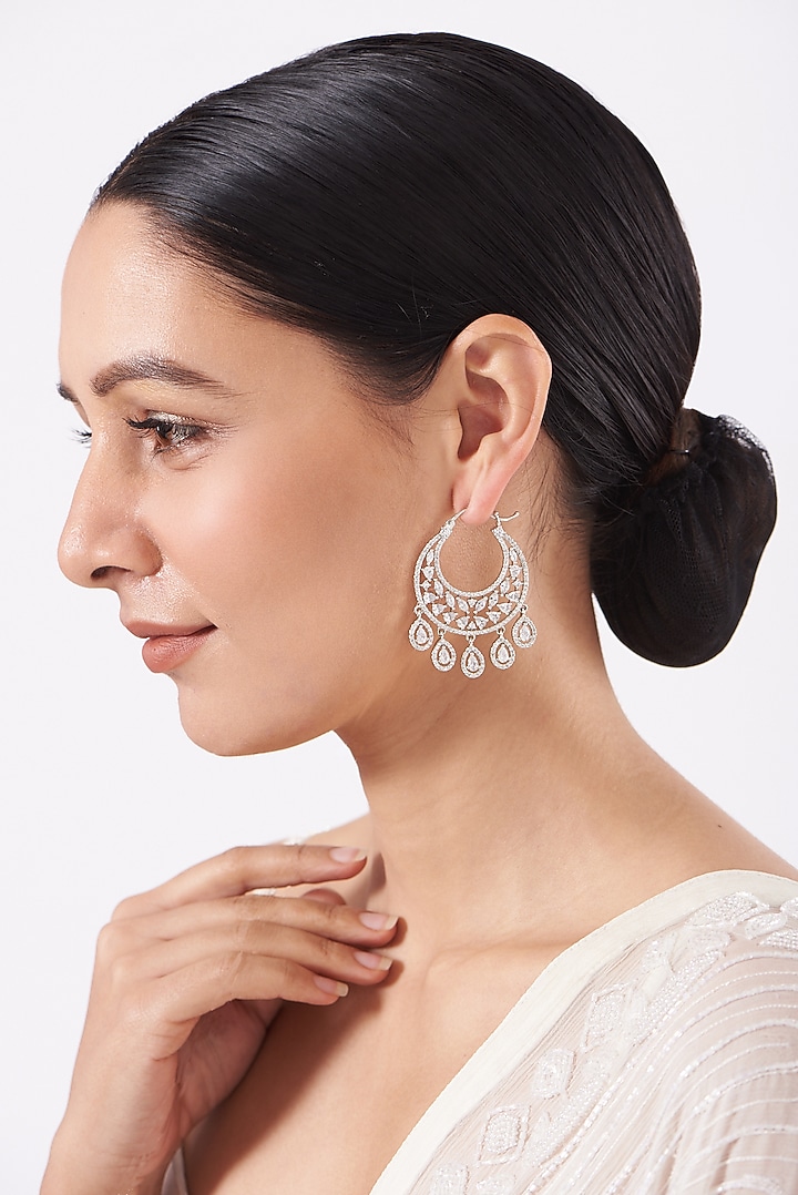 White Finish Faux Diamonds Chandbali Earrings by Aster at Pernia's Pop Up Shop