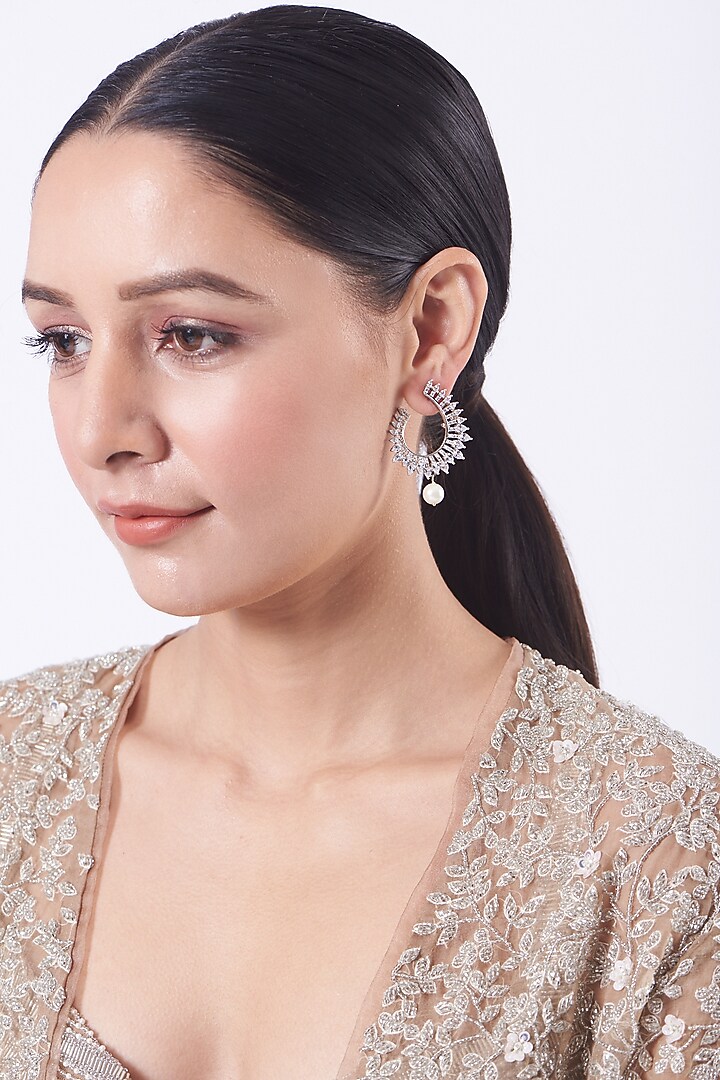 White Finish Faux Diamonds & Zircons Earrings by Aster at Pernia's Pop Up Shop