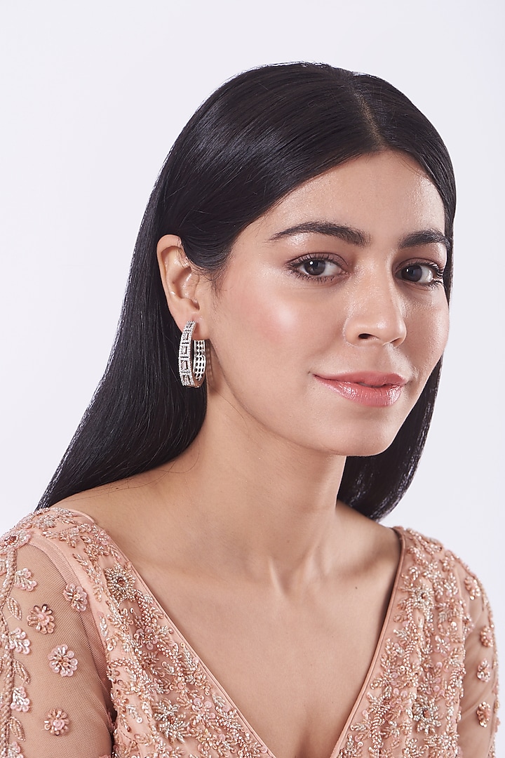 White Finish Faux Diamonds & Zircons Hoop Earrings by Aster at Pernia's Pop Up Shop