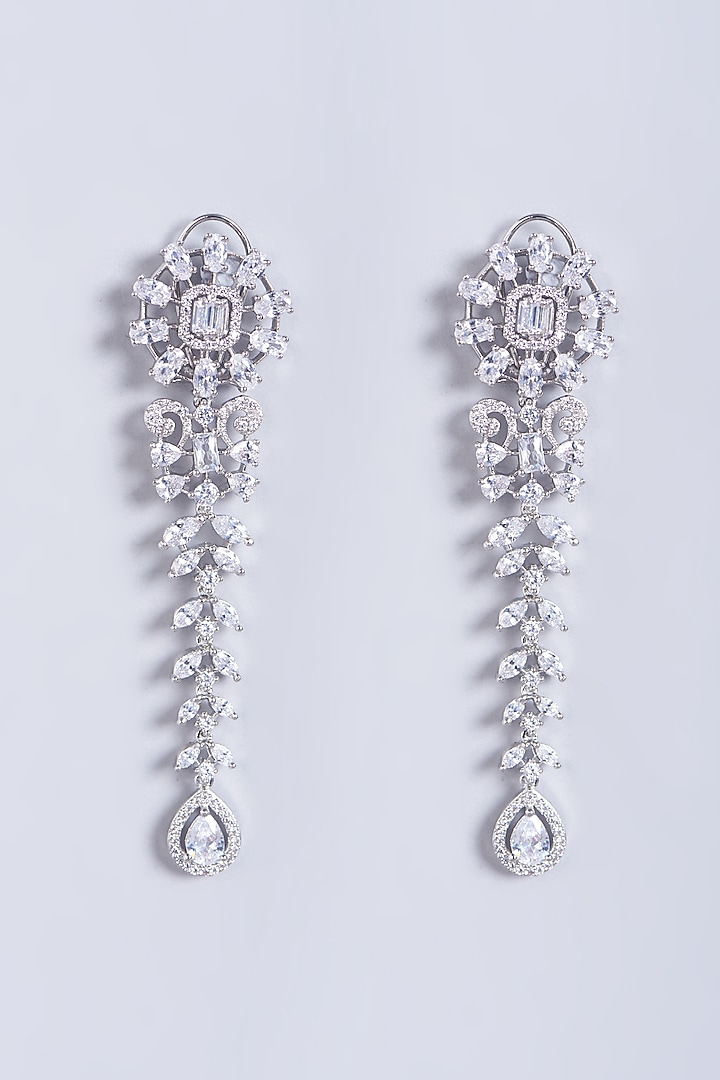 White Finish Faux Diamonds Long Dangler Earrings by Aster at Pernia's Pop Up Shop