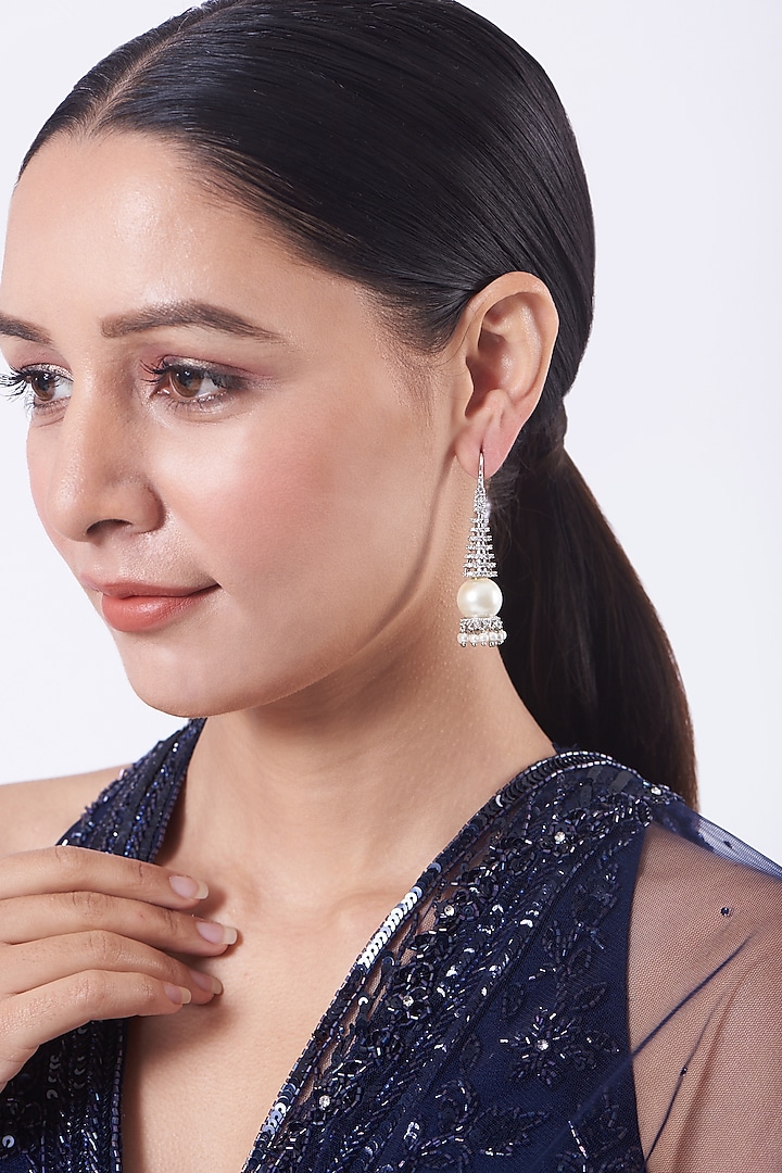 White Finish Pearl & Zircon Long Dangler Earrings by Aster at Pernia's Pop Up Shop