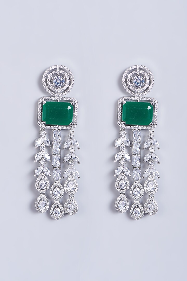 White Finish Zircons Long Dangler Earrings by Aster at Pernia's Pop Up Shop