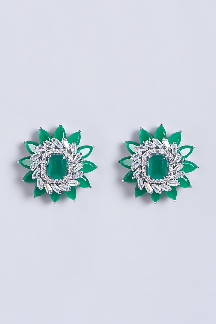 White Finish Green Stones Stud Earrings by Aster at Pernia's Pop Up Shop