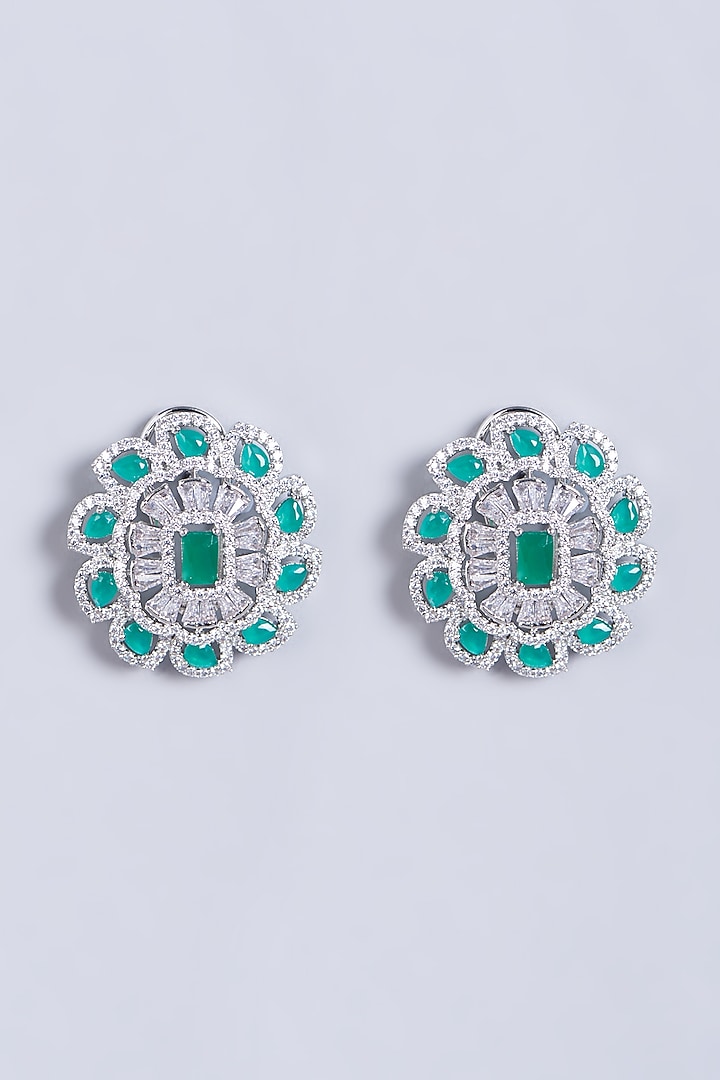 White Finish Green Stones & Zircons Stud Earrings by Aster at Pernia's Pop Up Shop