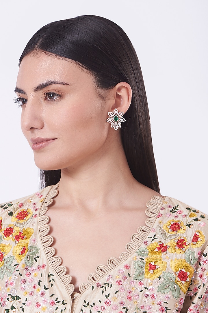 White Finish Green Synthetic Stones Earrings by Aster at Pernia's Pop Up Shop