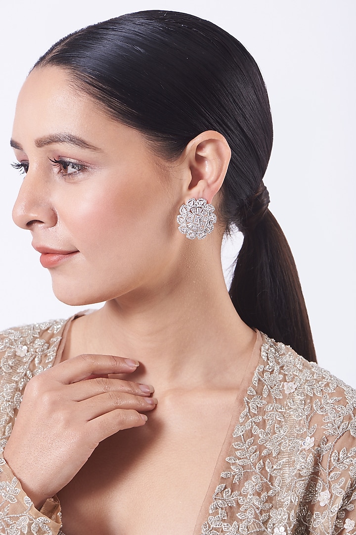White Finish Zircons Stud Earrings by Aster at Pernia's Pop Up Shop