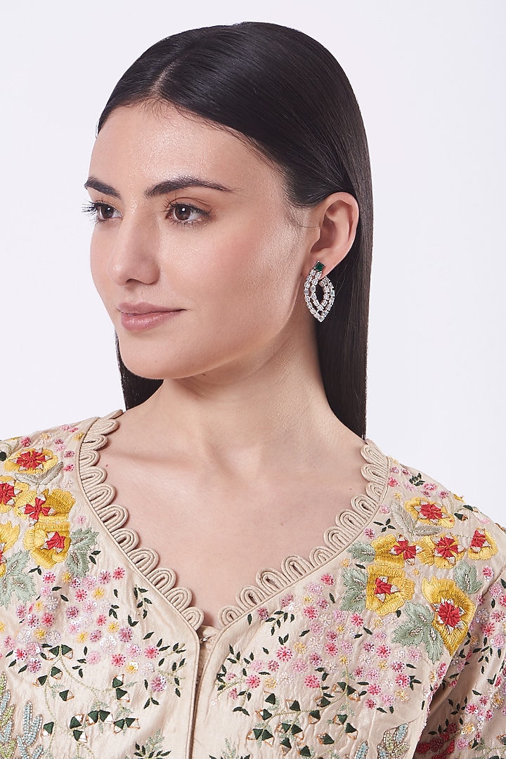 White Finish Green Synthetic Stones & Zircons Earrings by Aster at Pernia's Pop Up Shop