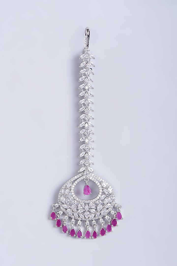 White Finish Faux Diamond & Red Stone Maang Tikka by Aster at Pernia's Pop Up Shop