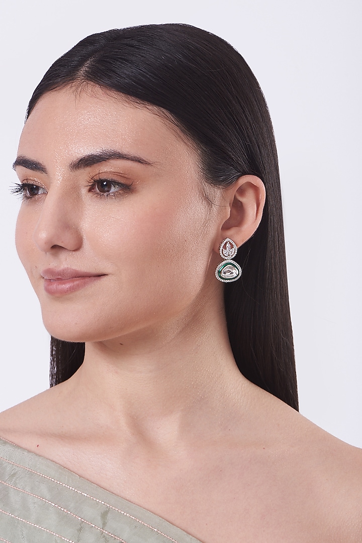 White Finish Faux Diamond & Kundan Enamelled Stud Earrings by Aster at Pernia's Pop Up Shop