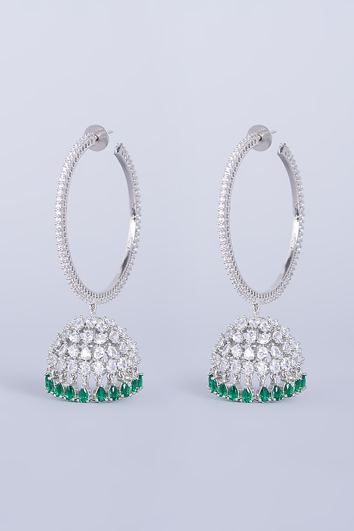 White Finish Faux Diamond Jhumka Earrings by Aster at Pernia's Pop Up Shop