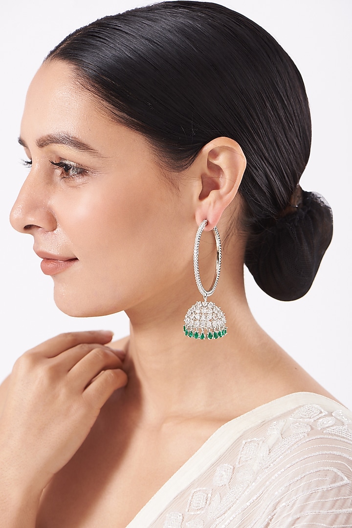 White Finish Faux Diamond Jhumka Earrings by Aster at Pernia's Pop Up Shop
