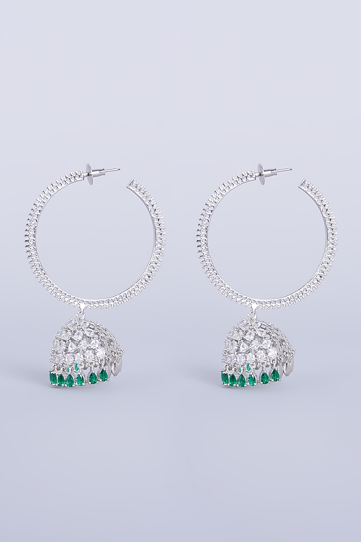 White Finish Faux Diamond Jhumka Earrings by Aster at Pernia's Pop Up Shop