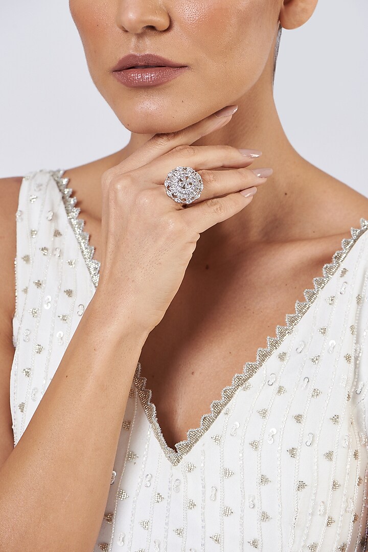 White Finish Faux Diamonds Ring by Aster at Pernia's Pop Up Shop