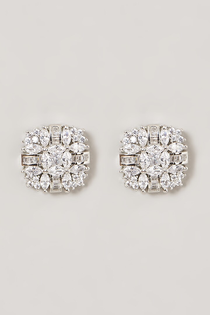 White Finish Stud Earrings With Faux Diamonds by Aster at Pernia's Pop Up Shop