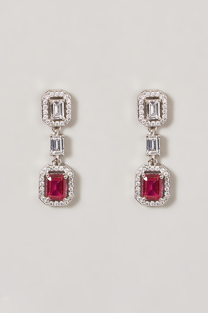 White Finish Zircon & Red Stone Dangler Earrings by Aster at Pernia's Pop Up Shop